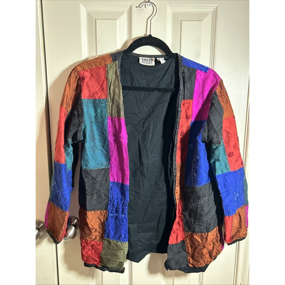 Chicos Design Colorful Silk Blend Patchwork Embroidered Jacket Top Womens Size 1